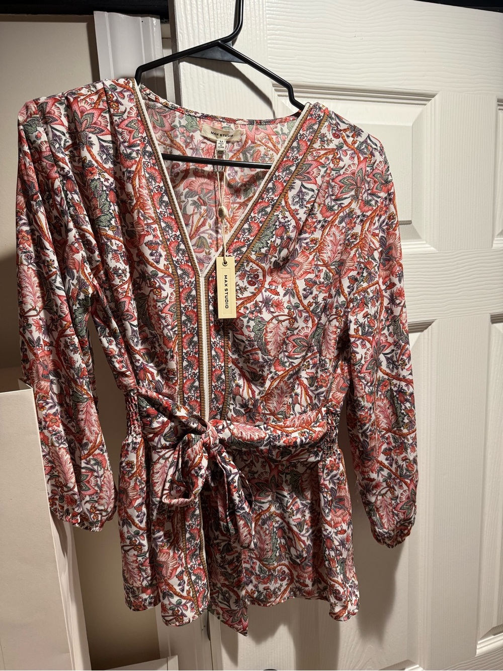 Max Studio Pink, Coral & Green Floral Wrap Blouse